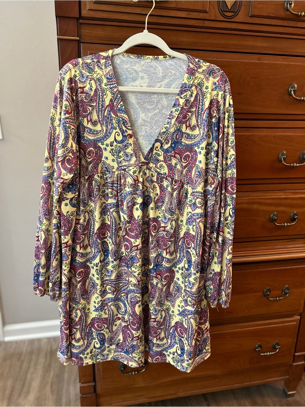 Amazon Women's Long Sleeve Dress XXL – Cream, Yellow, Teal Pattern